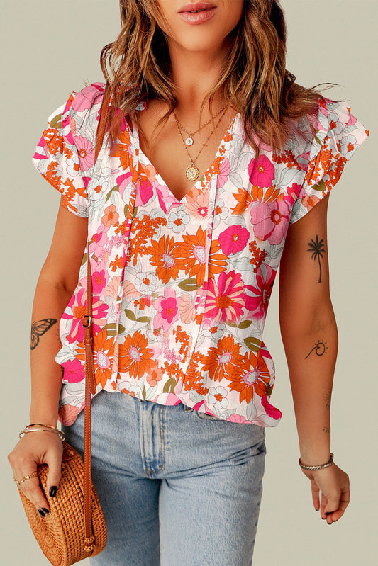 Joy Split V-Neck Ruffle Sleeve Floral Blouse